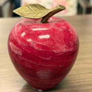 Vintage Alabaster Marble Fruit Red Apple with Brass Stem & Leaf
